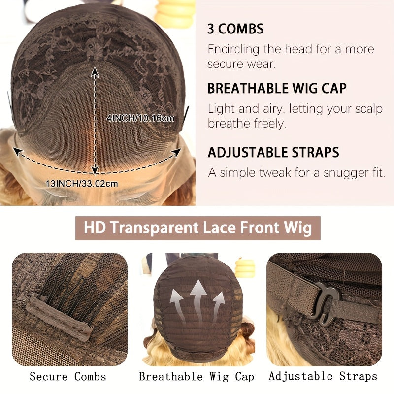 13x4 613 Lace Front Wigs Ombre Brown Roots To Blonde Pre-plucked 180% Density Luscious Blonde Deep Wave Wig HD Transparent Frontal Wig Glueless Lace Front Wigs For Women Girls Party Vacation Daily Used 28inch